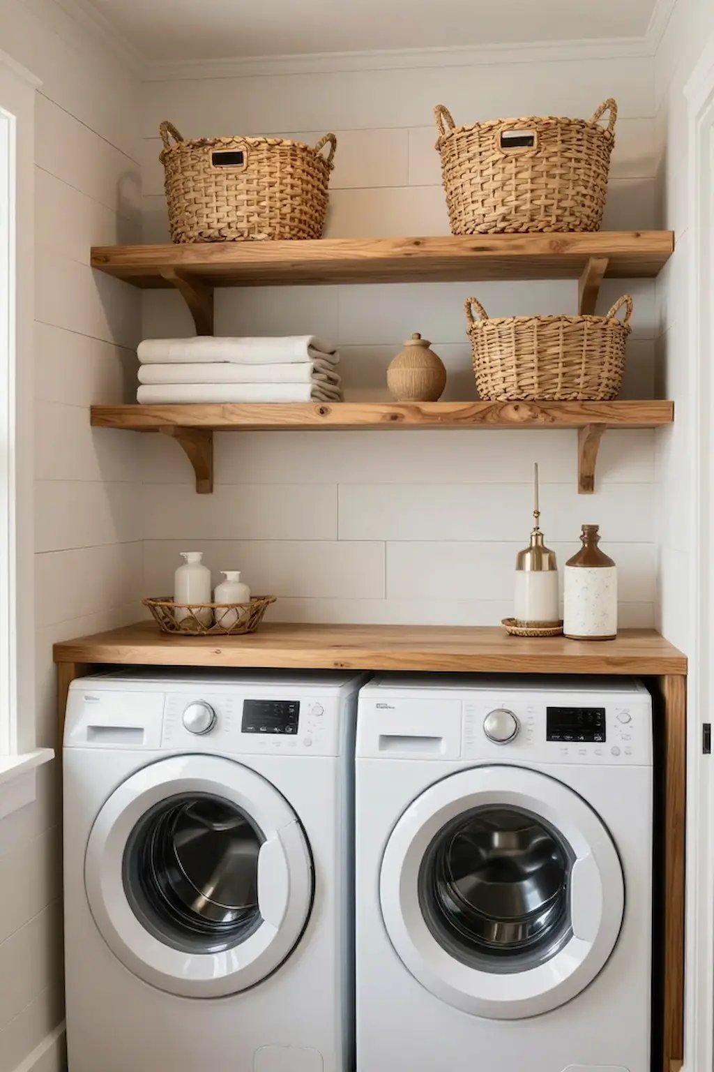 Cozy farmhouse laundry room with wood shelves, woven baskets, and washer dryer set