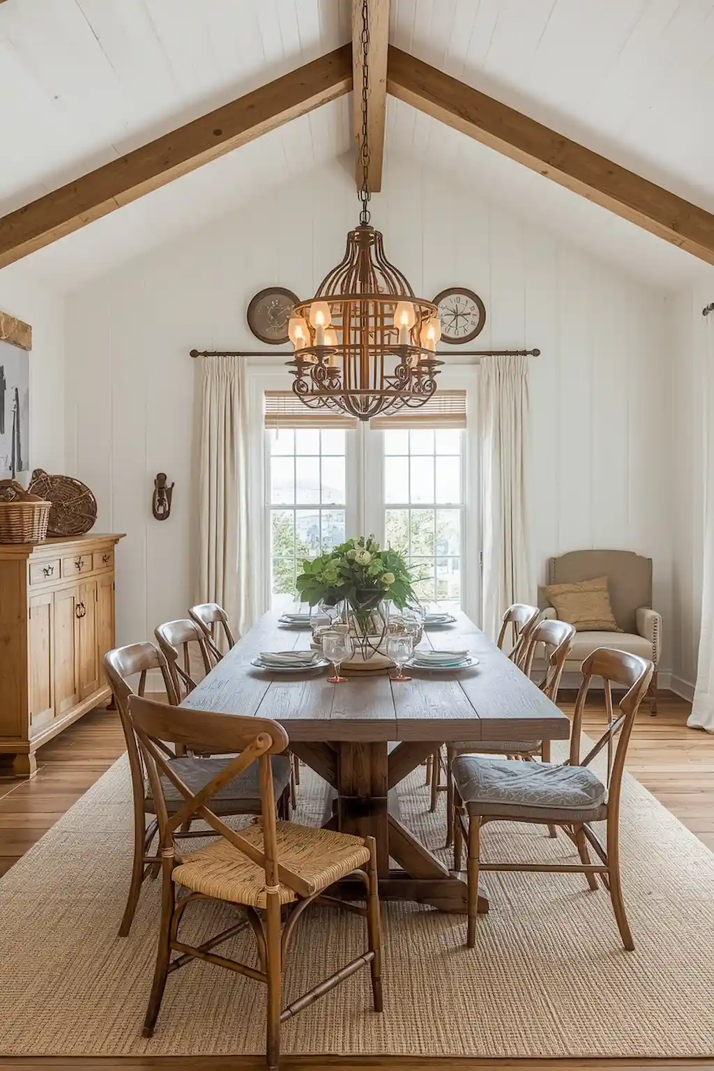 Farmhouse dining room with a rustic wooden chandelier and cozy decor