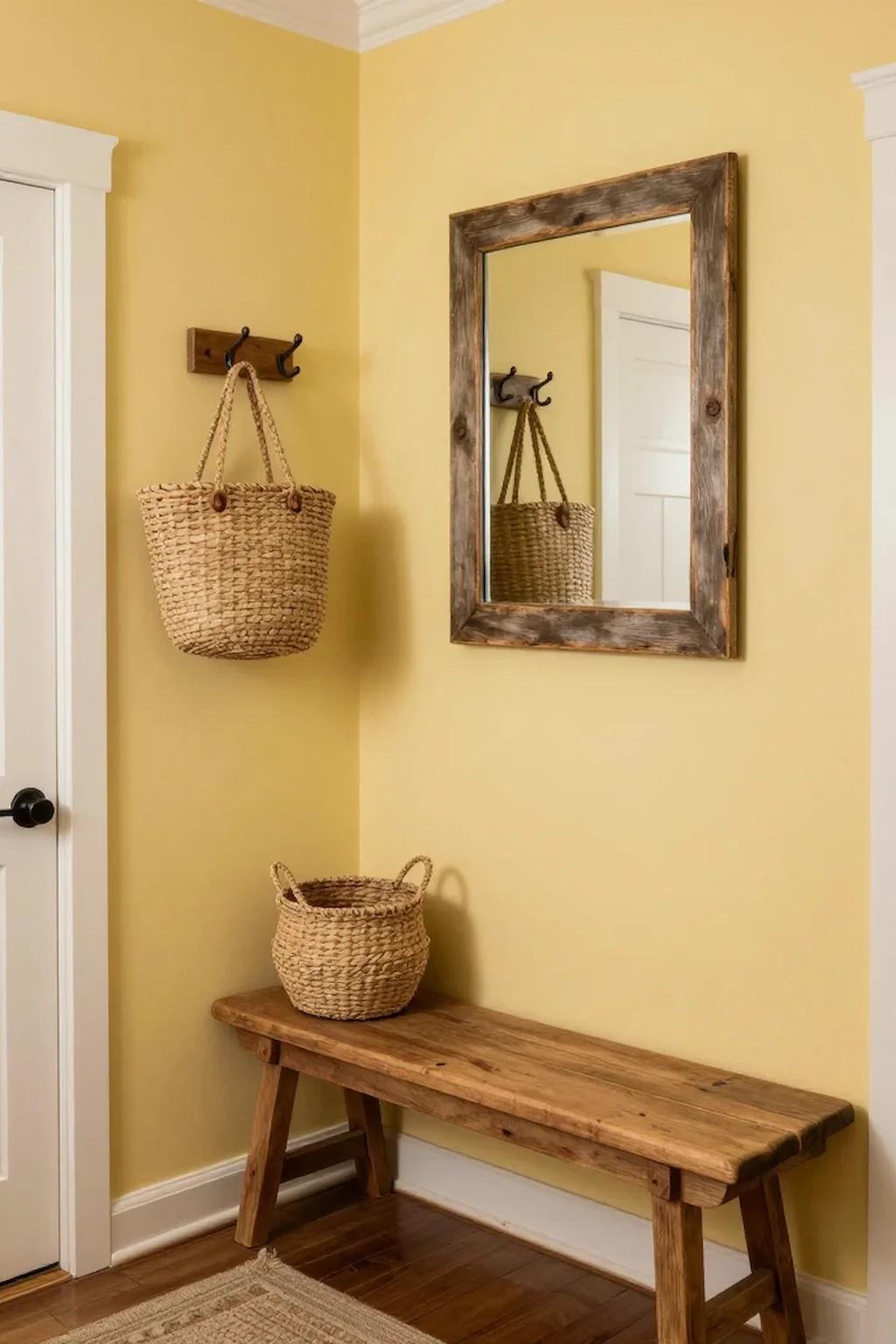 Cozy farmhouse hallway featuring yellow walls, rustic wood accents, and vintage decor