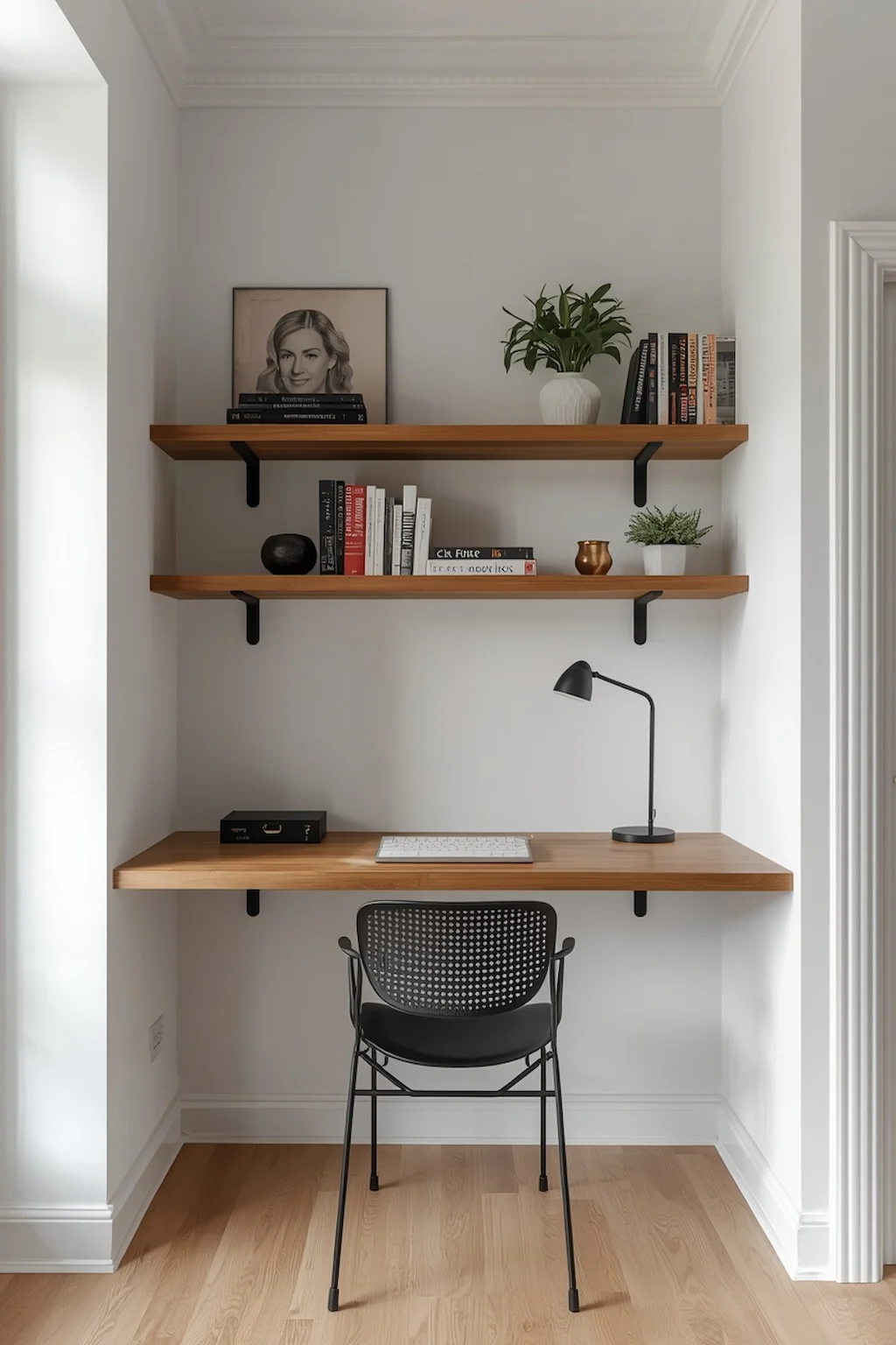 Space-saving floating desk workspace with shelves and modern design