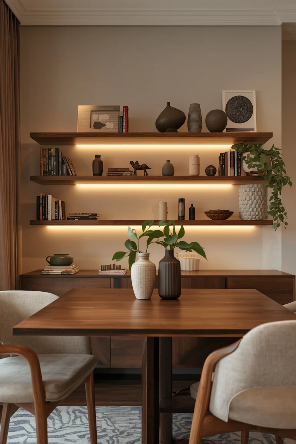 Dining area wall with floating shelves displaying plants, ceramics, and decorative accents