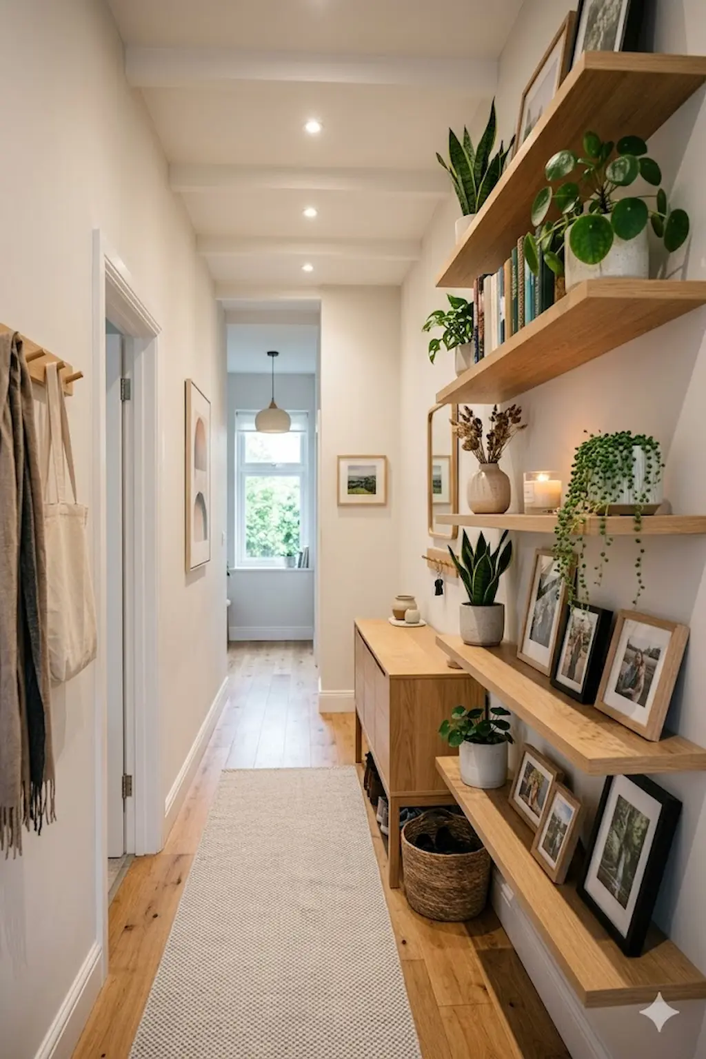 Small hallway featuring floating shelves with decorative accessories