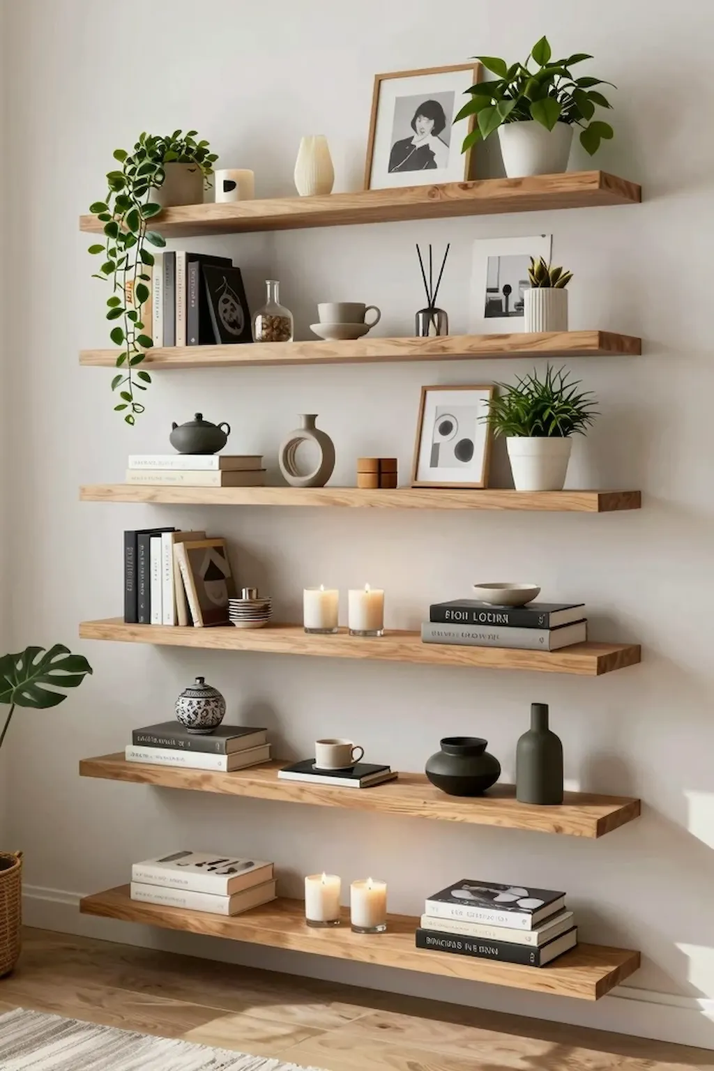 Modern living room wall featuring floating shelves decorated with books and accessories