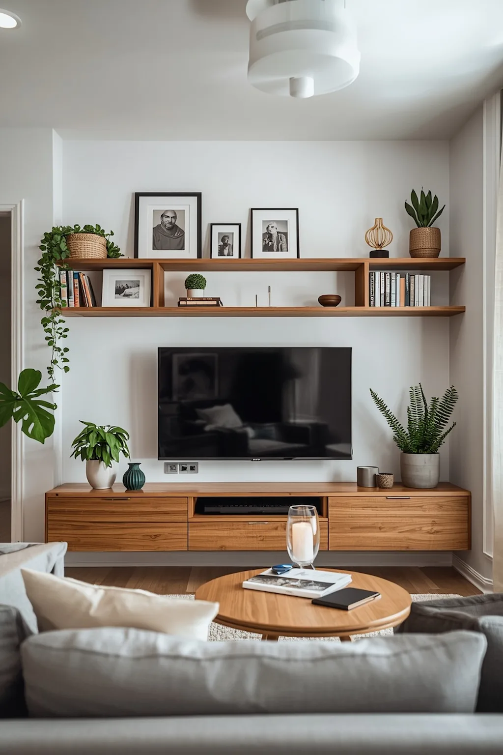 Television wall decorated with floating shelves and stylish accessories