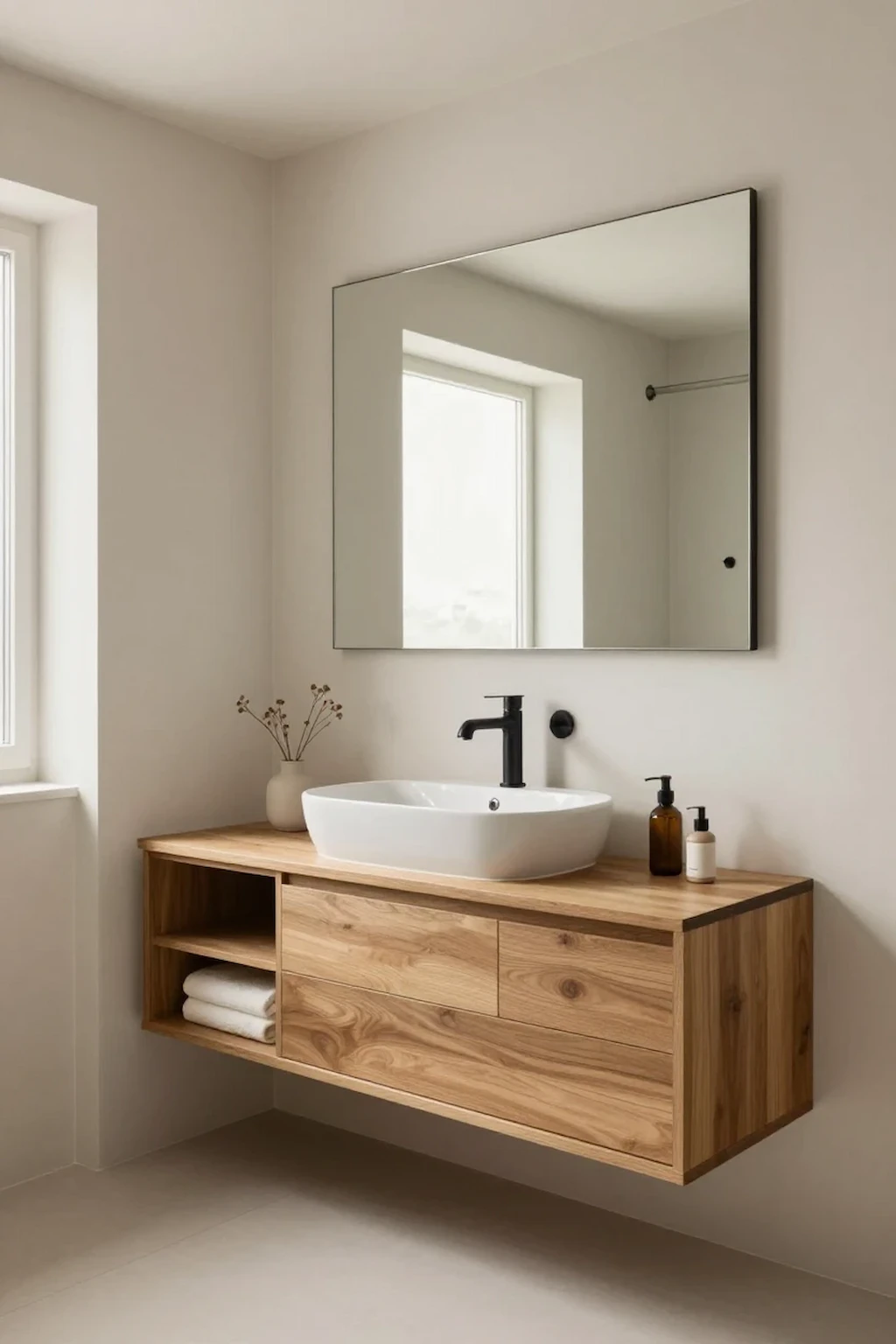 Compact bathroom with floating vanity that creates extra visual floor space