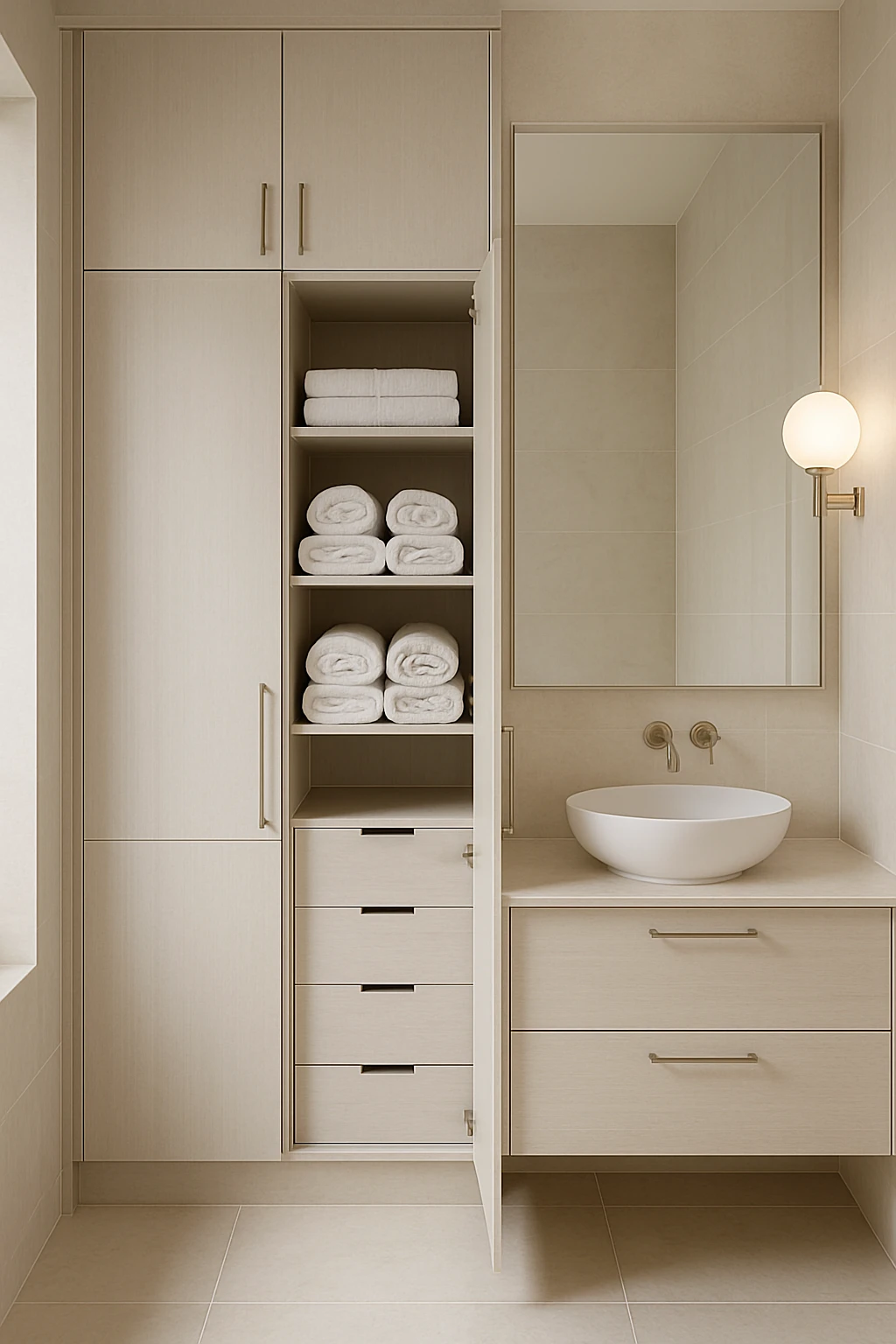 Modern bathroom with tall storage cabinet maximizing vertical space and organization