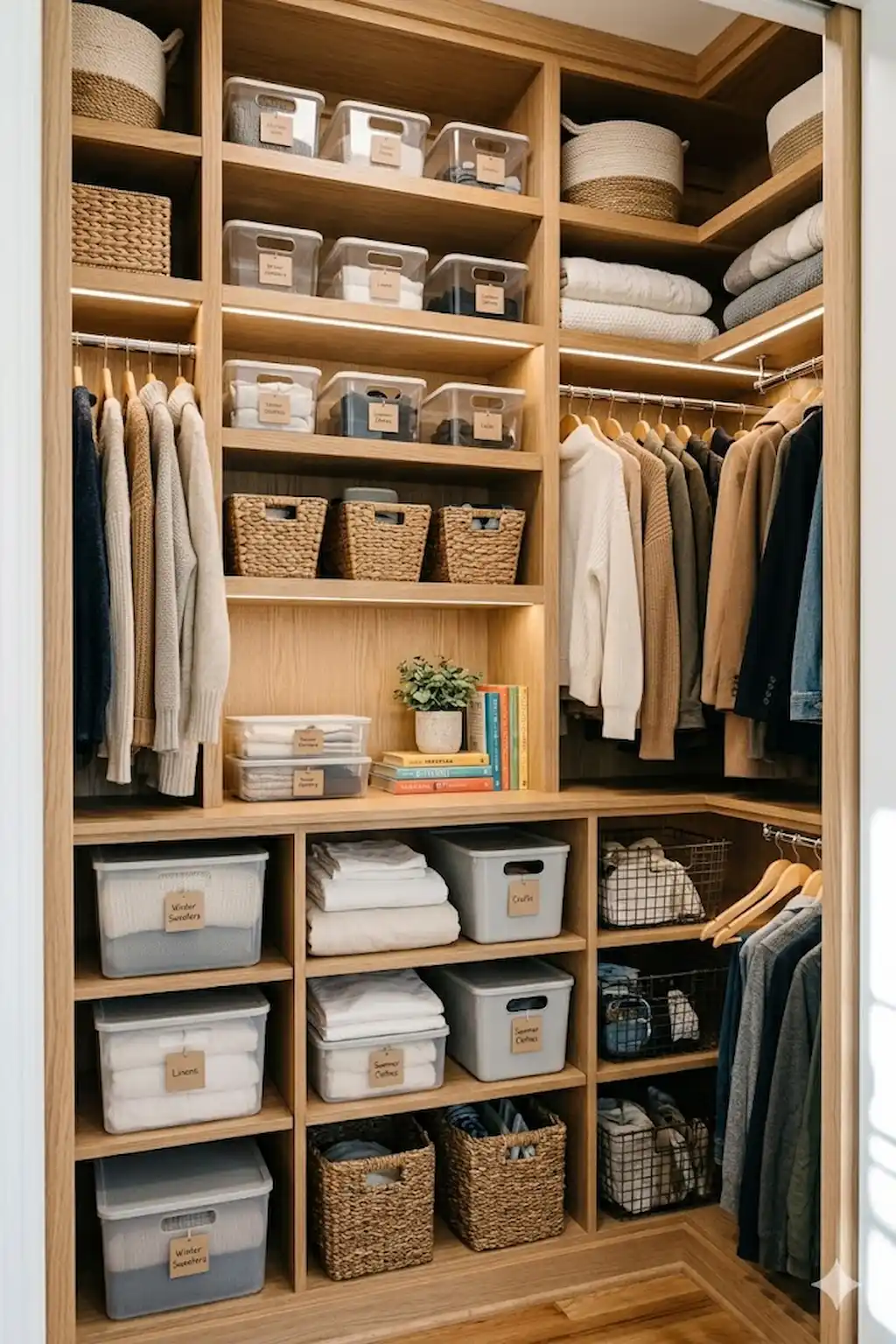 Small closet with tall shelving extending to the ceiling for maximum storage
