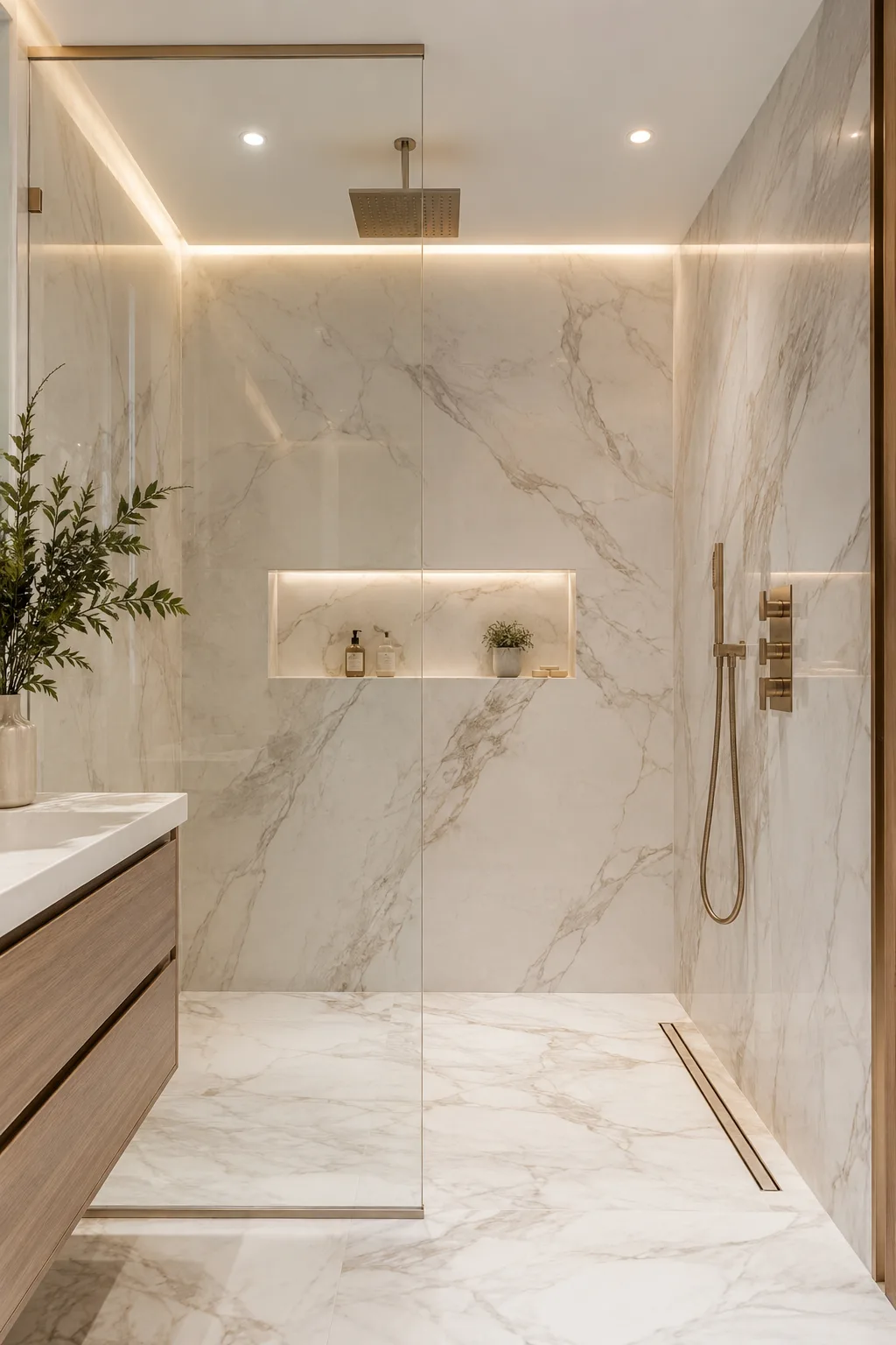 Elegant walk-in shower with floor-to-ceiling marble-look tile walls