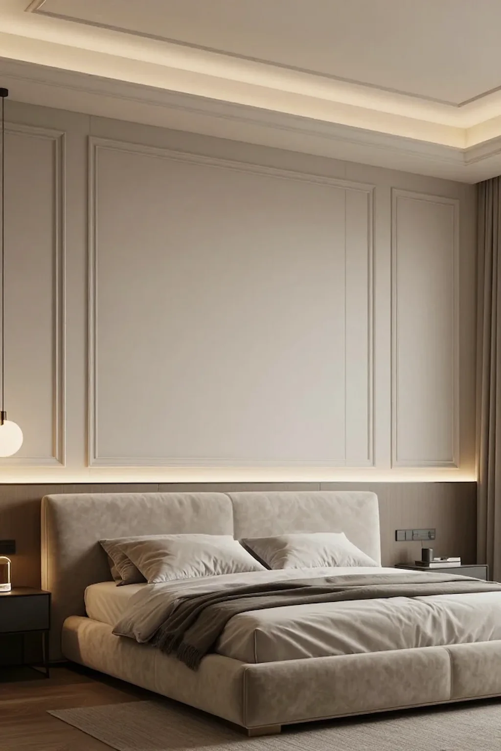 Luxury bedroom with dramatic floor-to-ceiling wall paneling