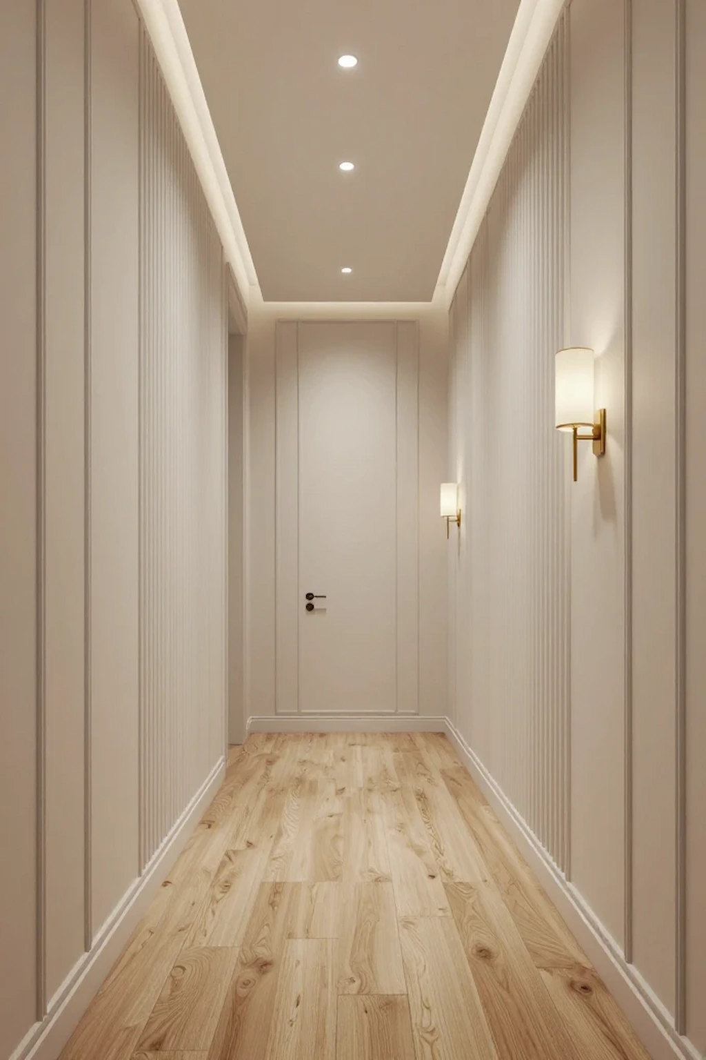 Elegant hallway with vertical wall paneling creating height and depth