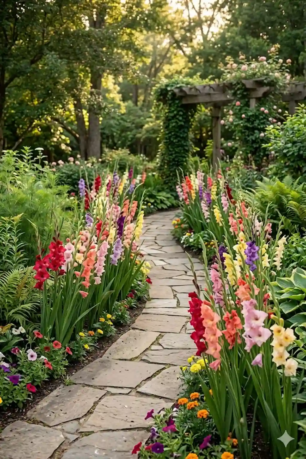 Garden pathway lined with colorful gladiolus flowers