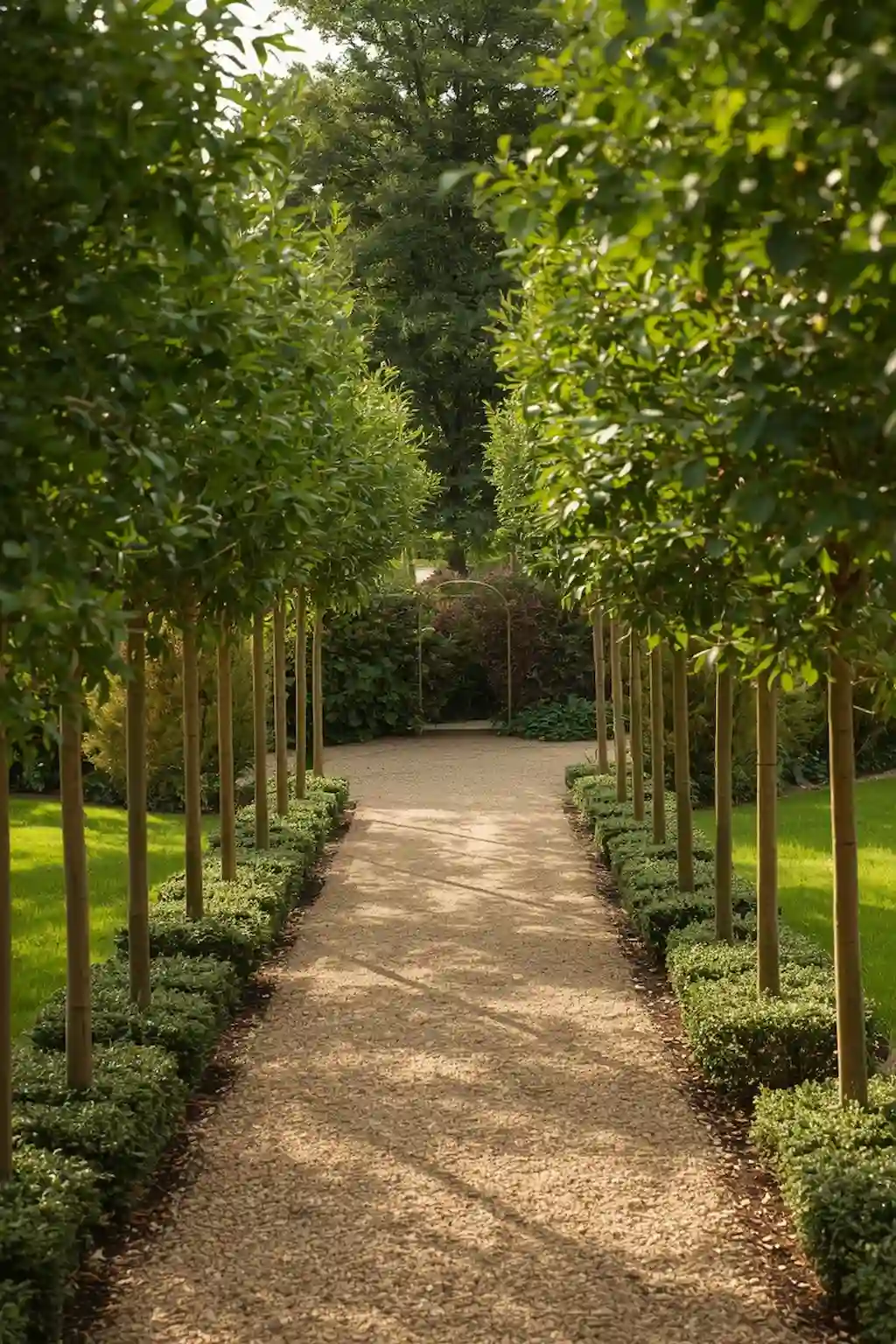 Garden pathway lined with pistachio trees