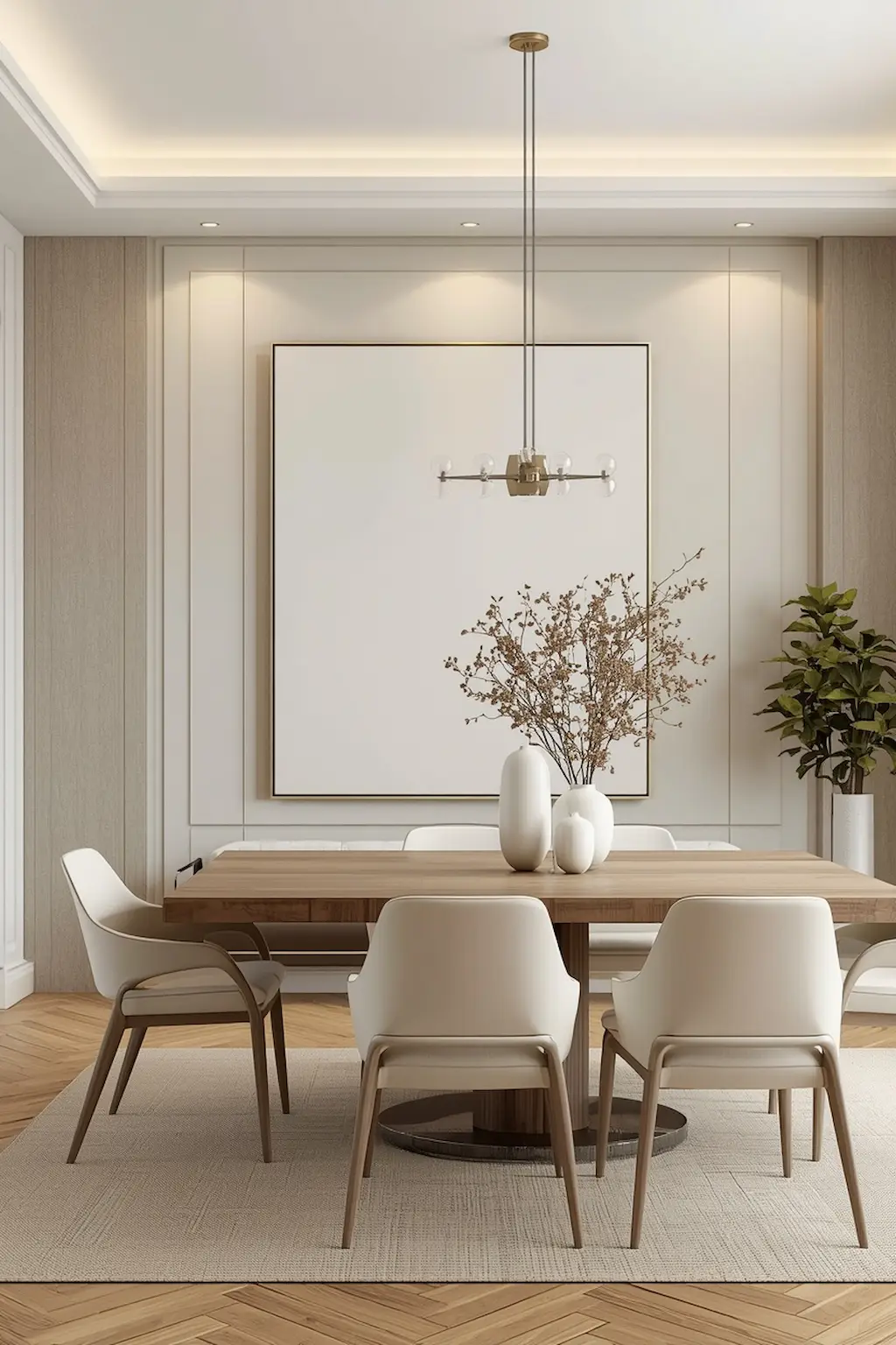 Large frameless neutral canvas artwork displayed in a modern dining room.