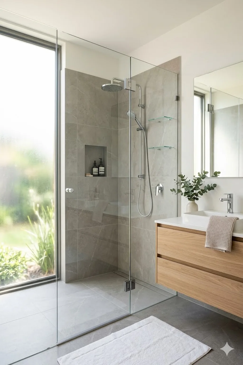Modern frameless glass walk-in shower with sleek minimalist bathroom design