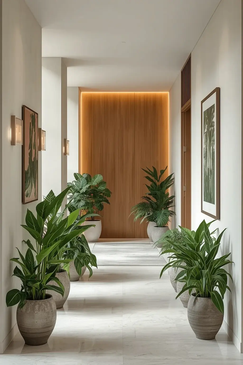 Upstairs hallway decorated with lush indoor plants and natural home styling