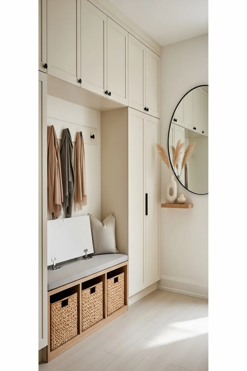 Organized entryway with built-in storage, baskets, and wall hooks