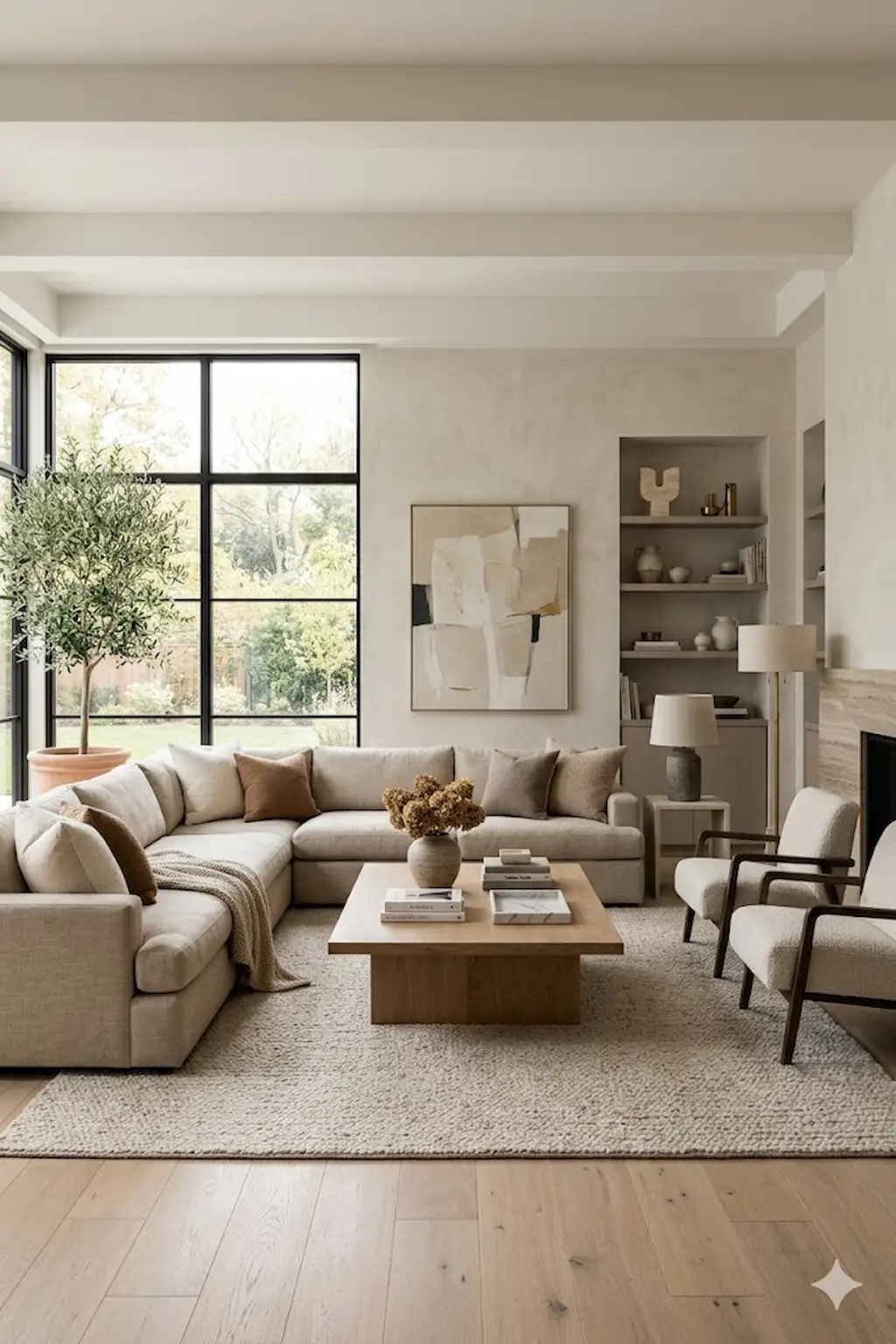 Large living room with furniture properly scaled to the space.
