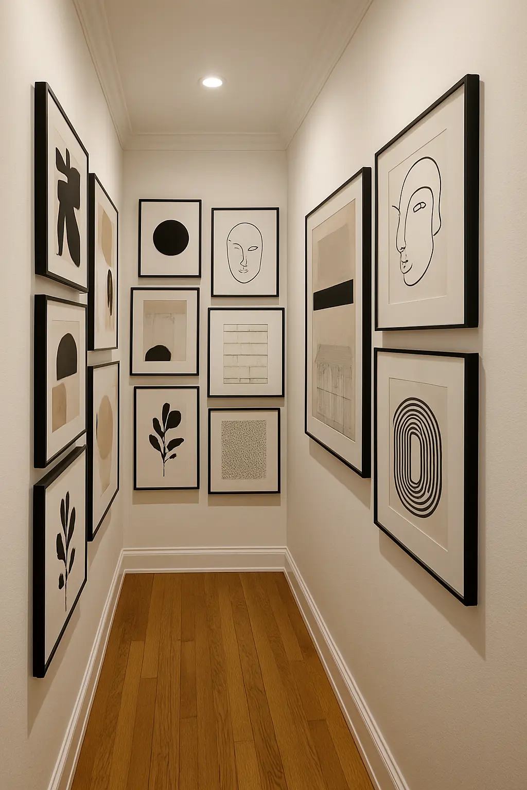 Small hallway decorated with a stylish gallery wall of framed artwork
