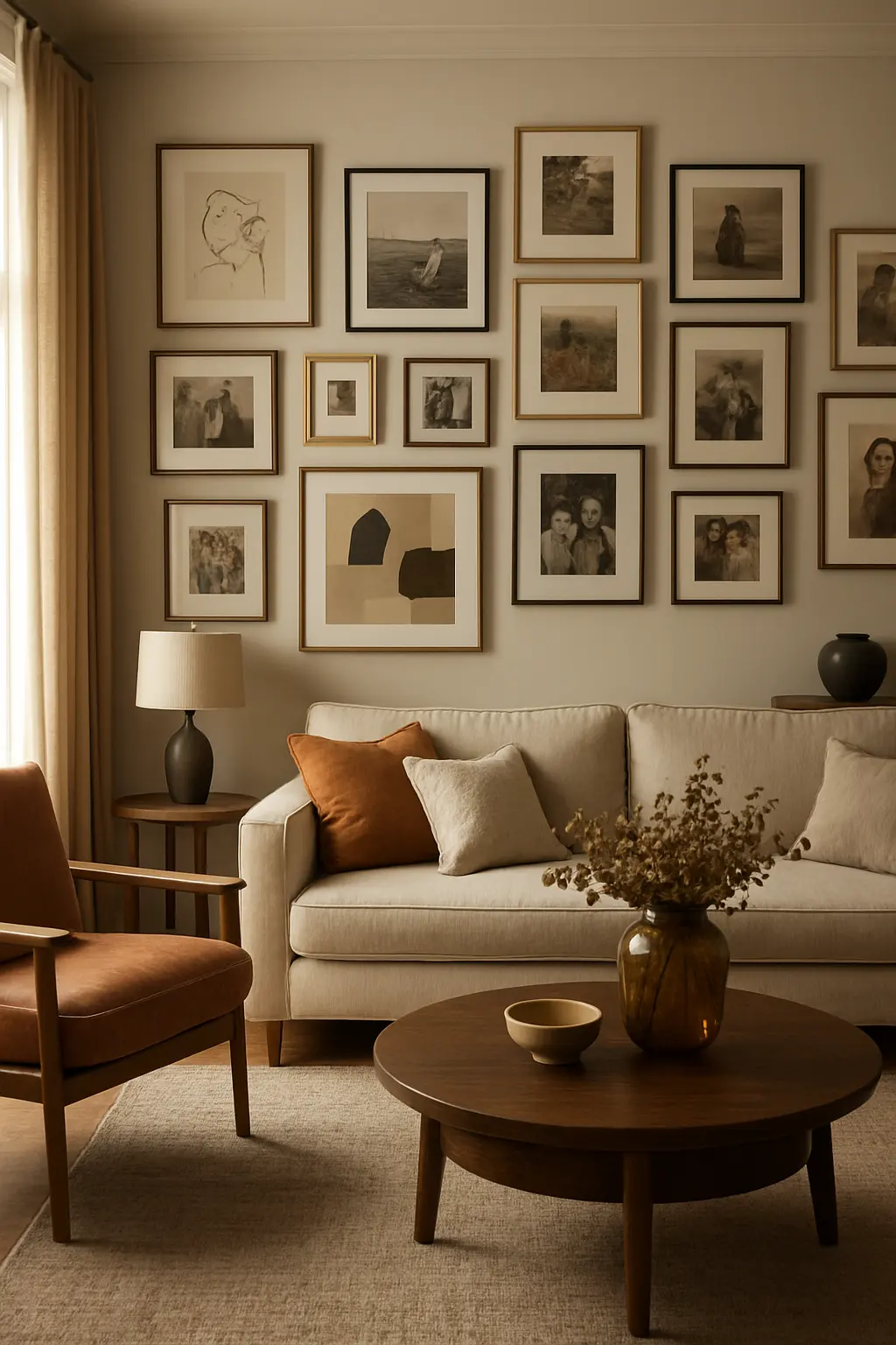 Living room featuring a dramatic floor-to-ceiling gallery wall with framed artwork