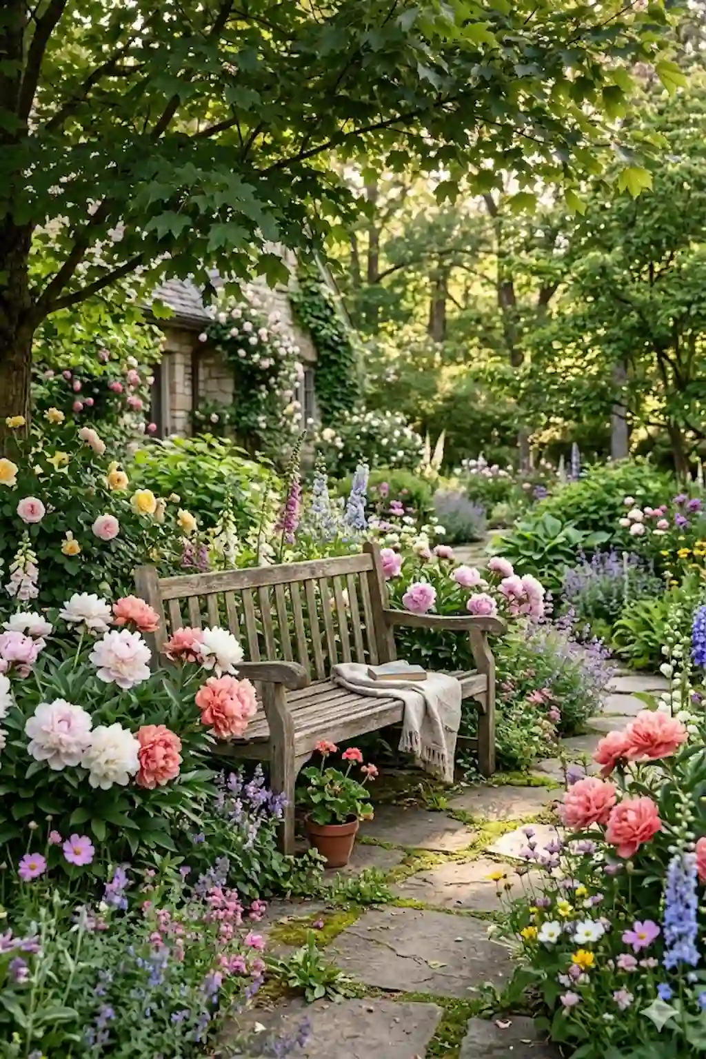 Cozy garden bench nestled among blooming peony flowers in a peaceful backyard