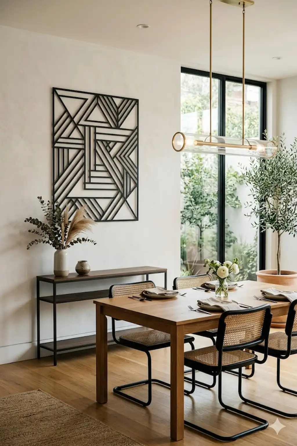 Modern geometric metal wall sculpture in a minimalist dining room