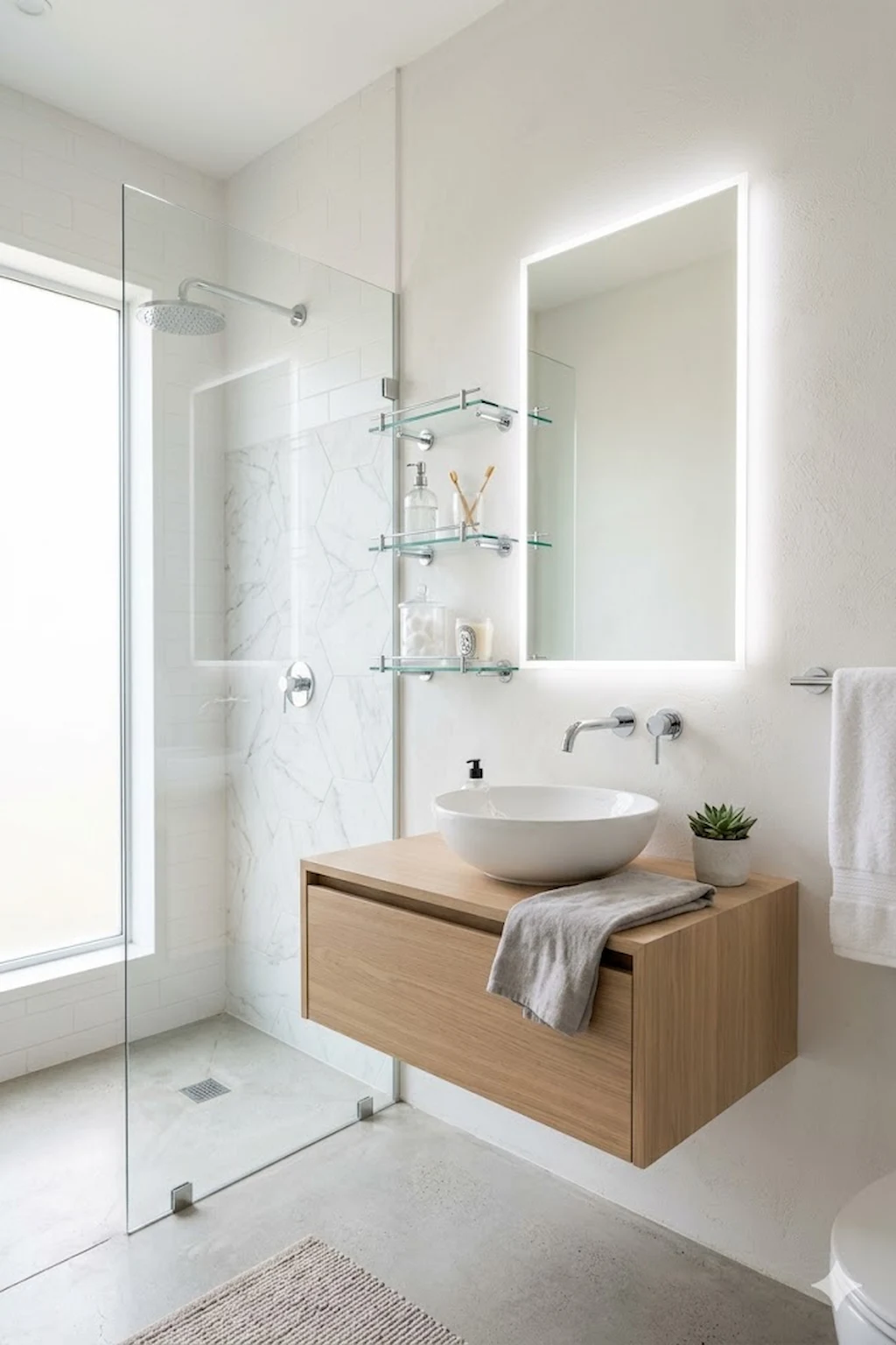 Compact bathroom using glass shelves and transparent elements to maintain openness