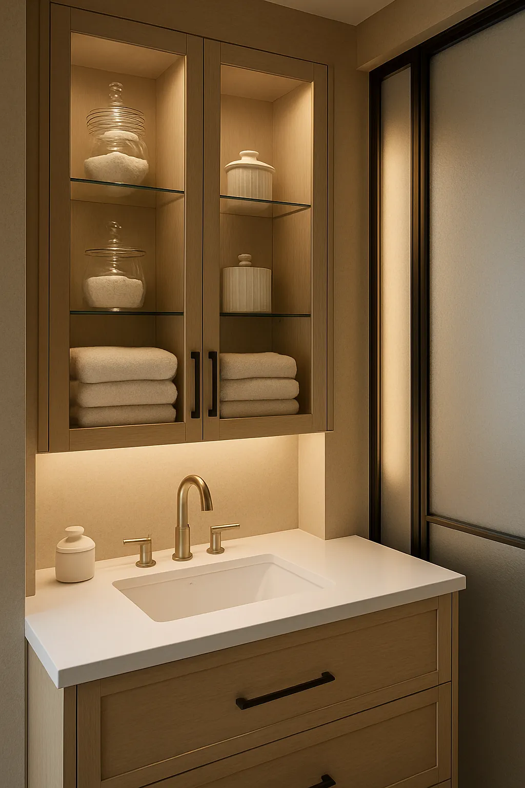 Elegant bathroom with glass-front cabinets displaying decorative accessories and towels