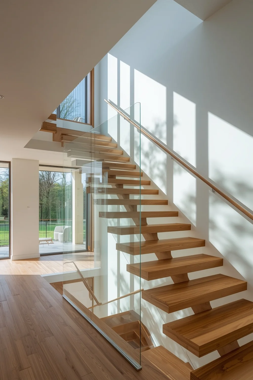 Contemporary staircase featuring sleek glass railings and open modern architecture