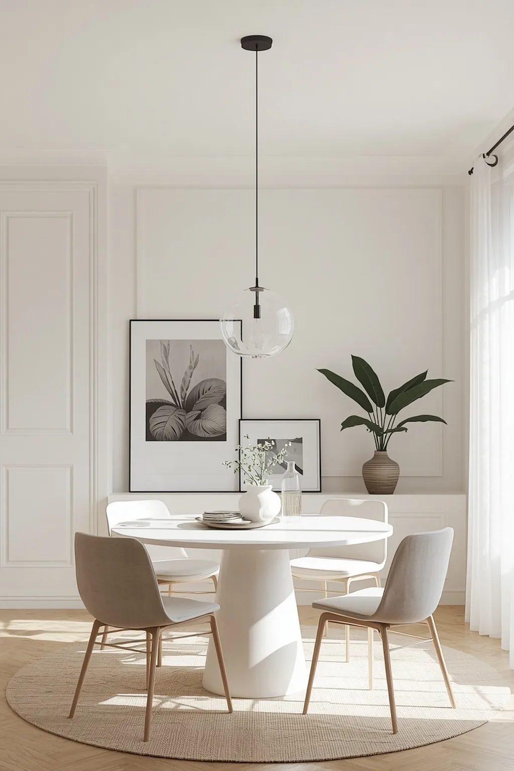 Dining room with elegant glass globe pendant lights
