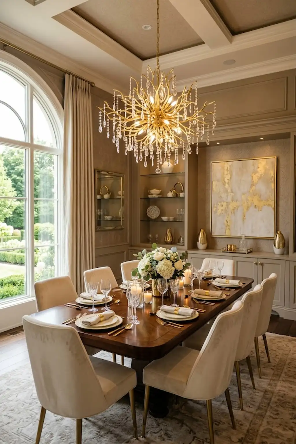 Stylish dining room featuring a gold statement chandelier