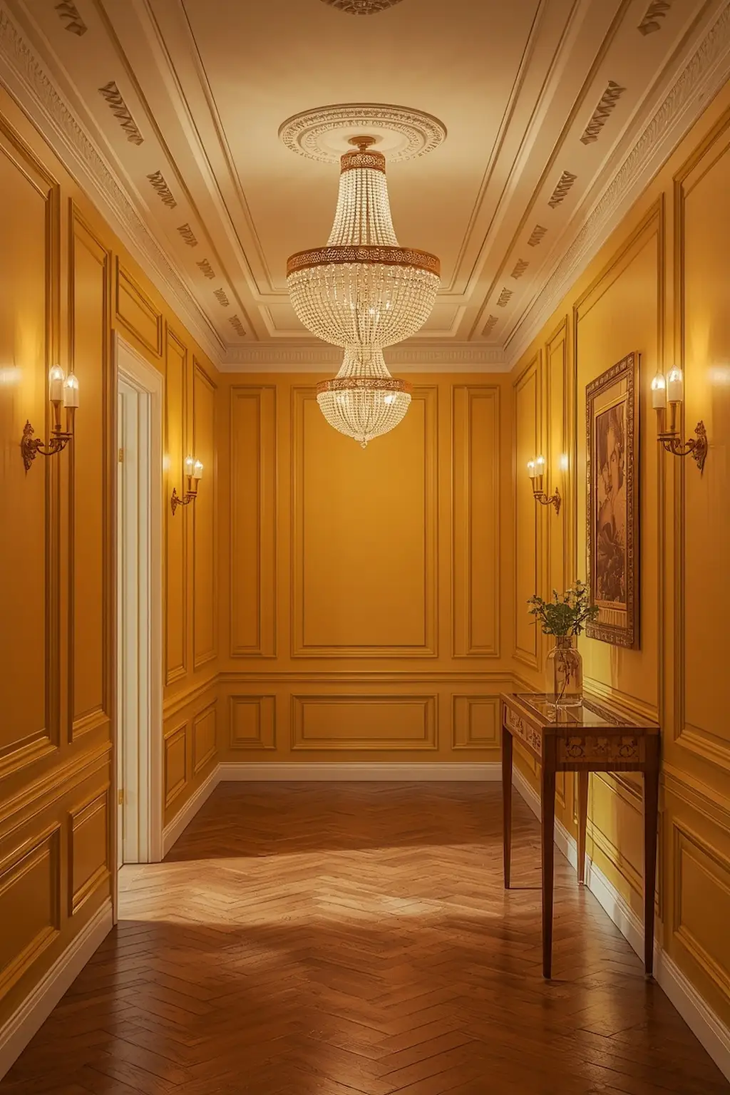 Elegant hallway featuring rich golden yellow walls and decorative lighting fixtures
