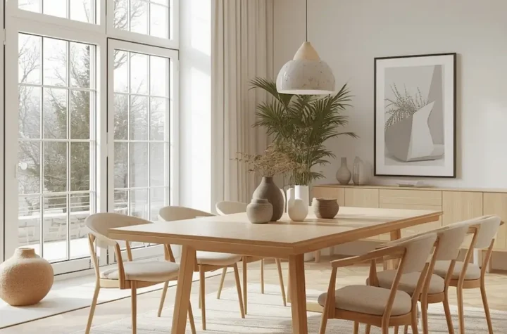 Bright Scandinavian dining room with natural wood furniture, neutral colors, and modern Nordic decor
