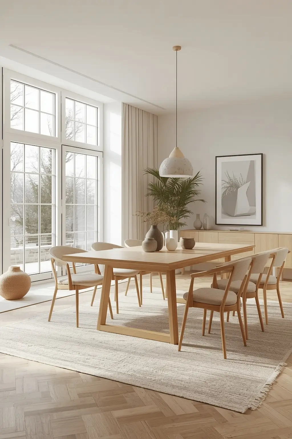 Bright Scandinavian dining room with natural wood furniture, neutral colors, and modern Nordic decor