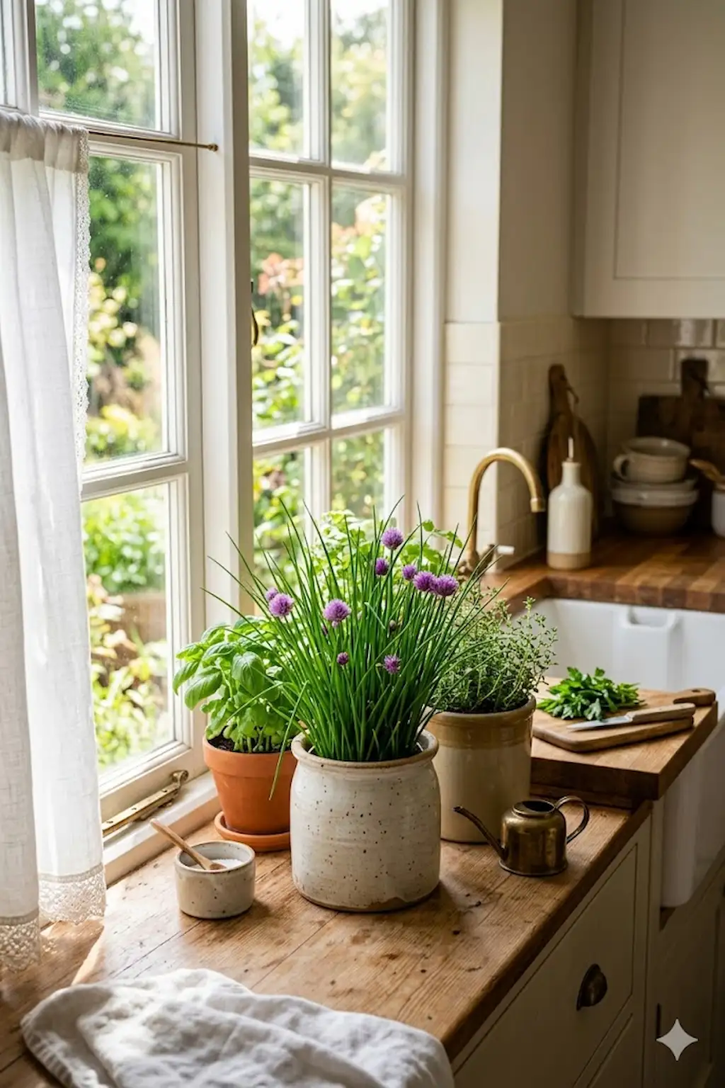 Fresh chives growing in a small pot on a sunny kitchen windowsill