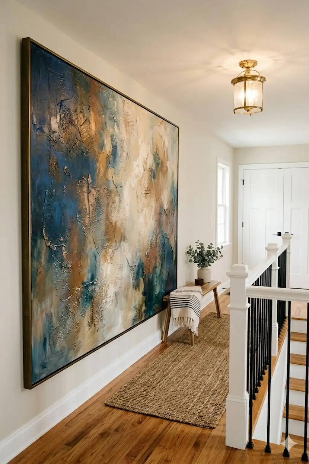 Elegant upstairs hallway showcasing a large artwork as a dramatic focal point