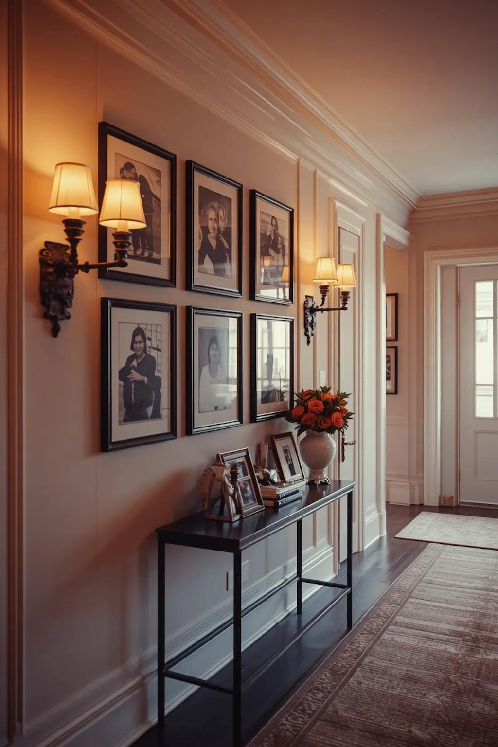 Stylish hallway featuring a gallery wall with framed artwork and family photographs