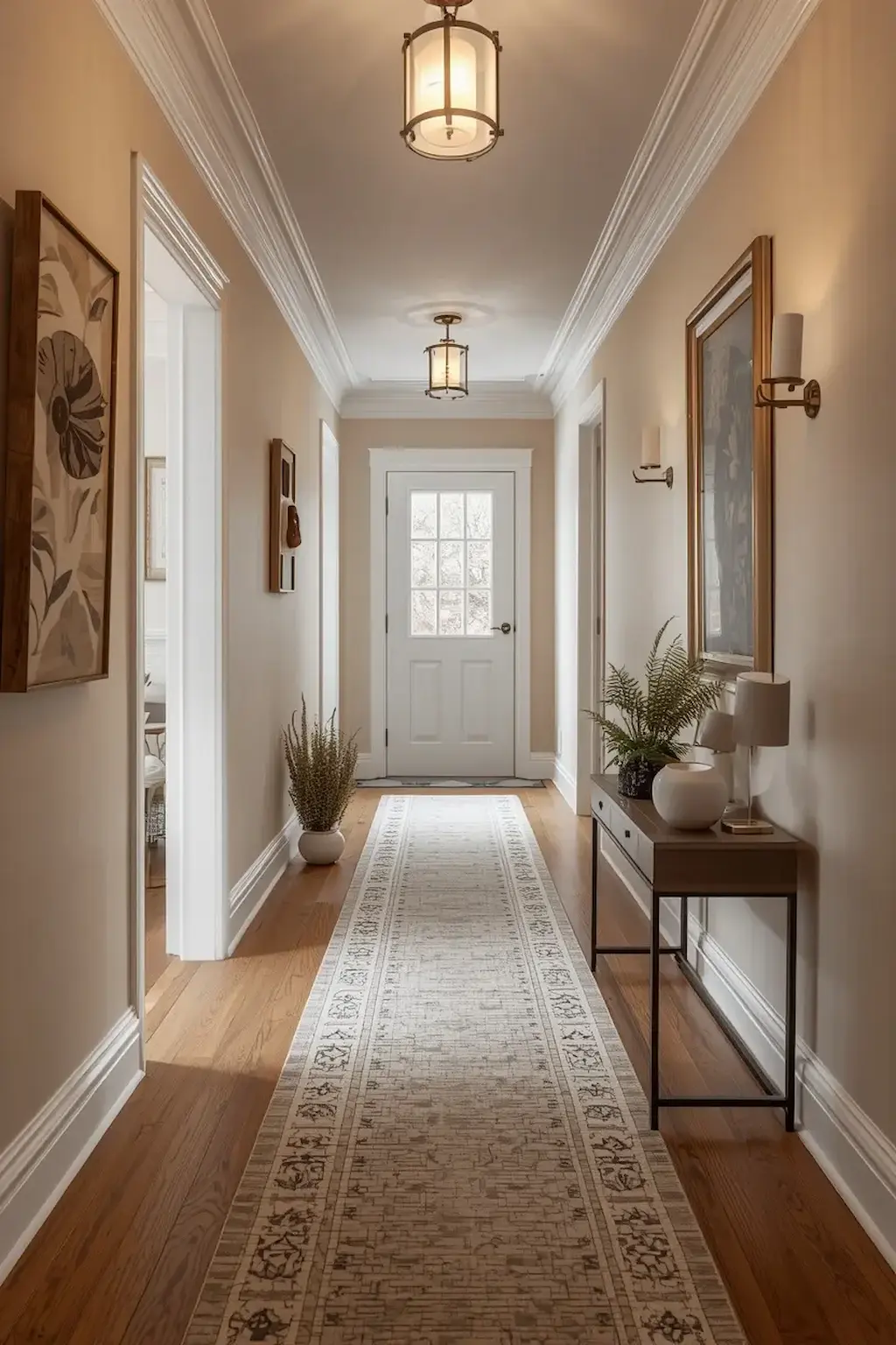 Narrow hallway with a stylish runner rug creating visual length