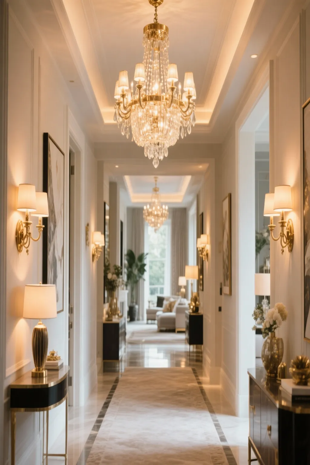 Elegant hallway featuring a dramatic chandelier and stylish decorative lighting