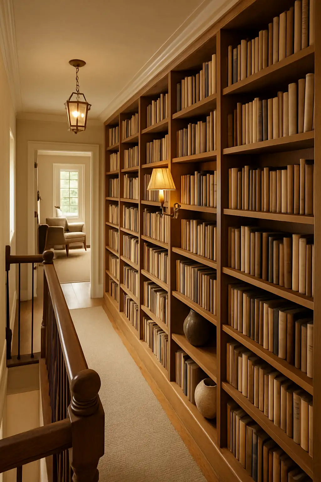 Upstairs hallway with built-in bookshelves creating a cozy home library atmosphere