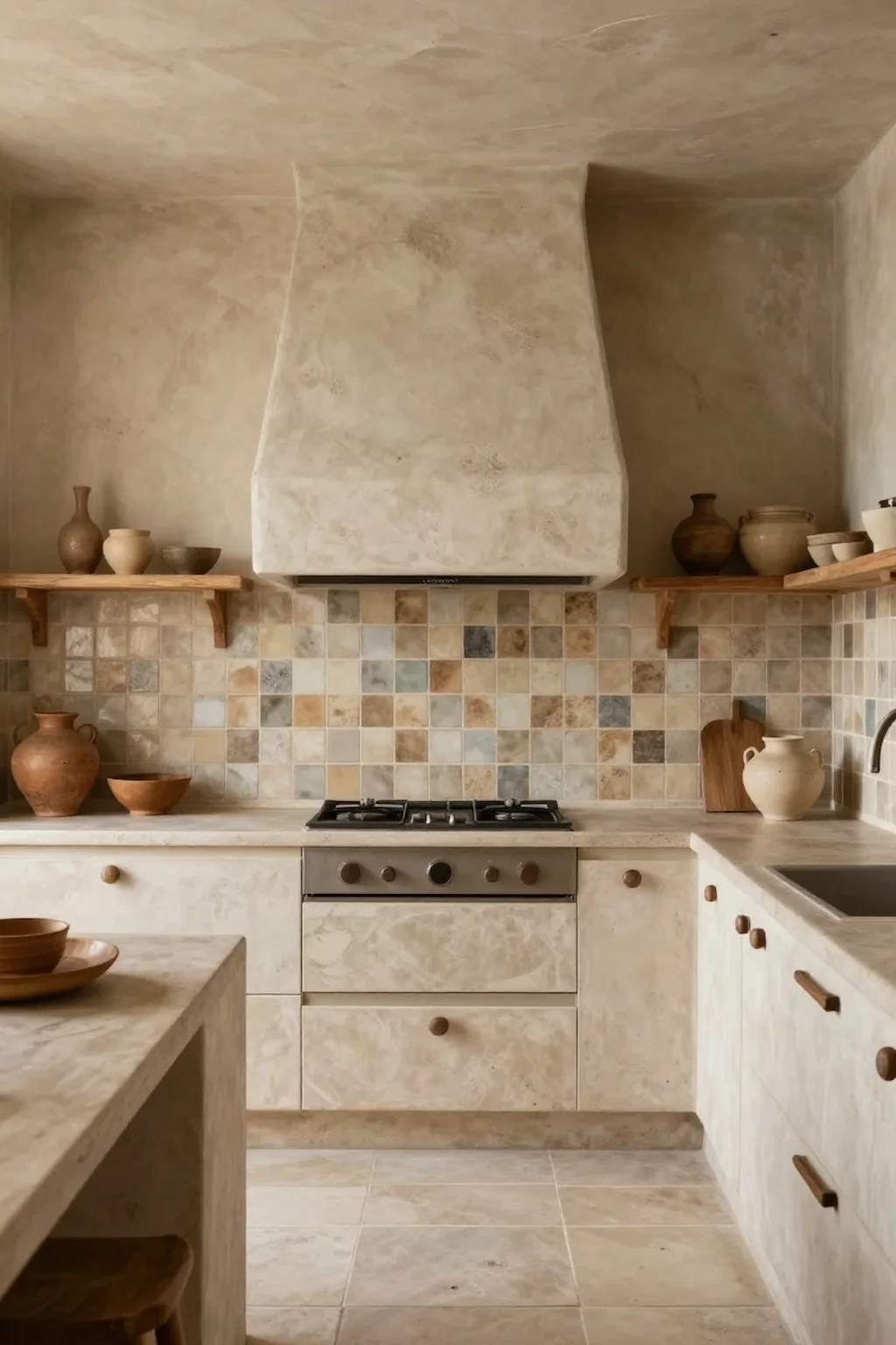 Wabi Sabi kitchen with handmade tiles, artisan pottery, and handcrafted finishes