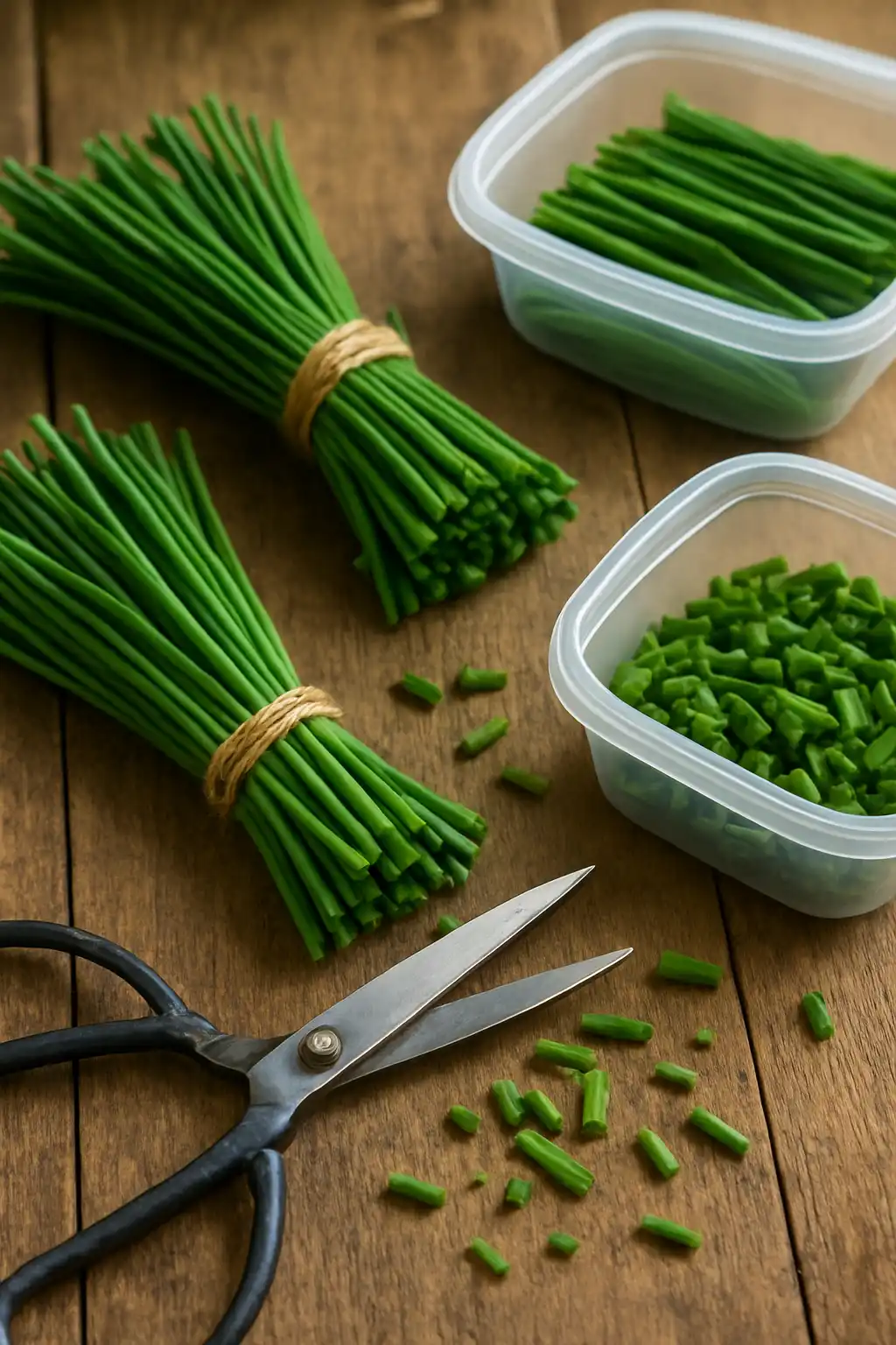 Freshly harvested chives being trimmed and prepared for storage