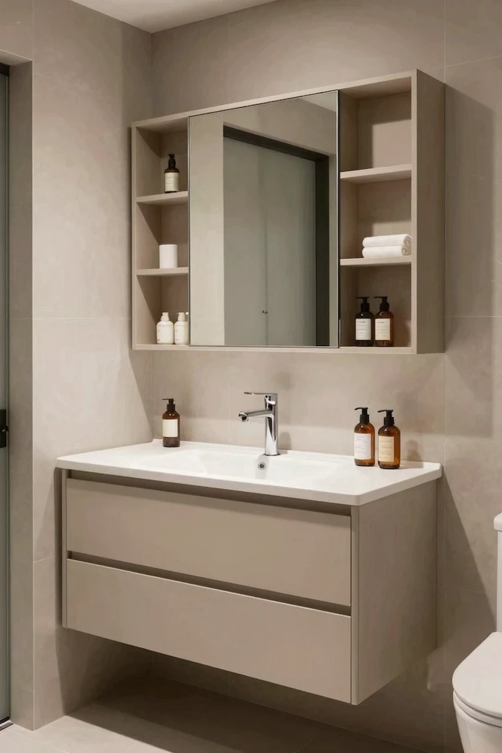 Small toilet room featuring concealed storage cabinets and built-in organization