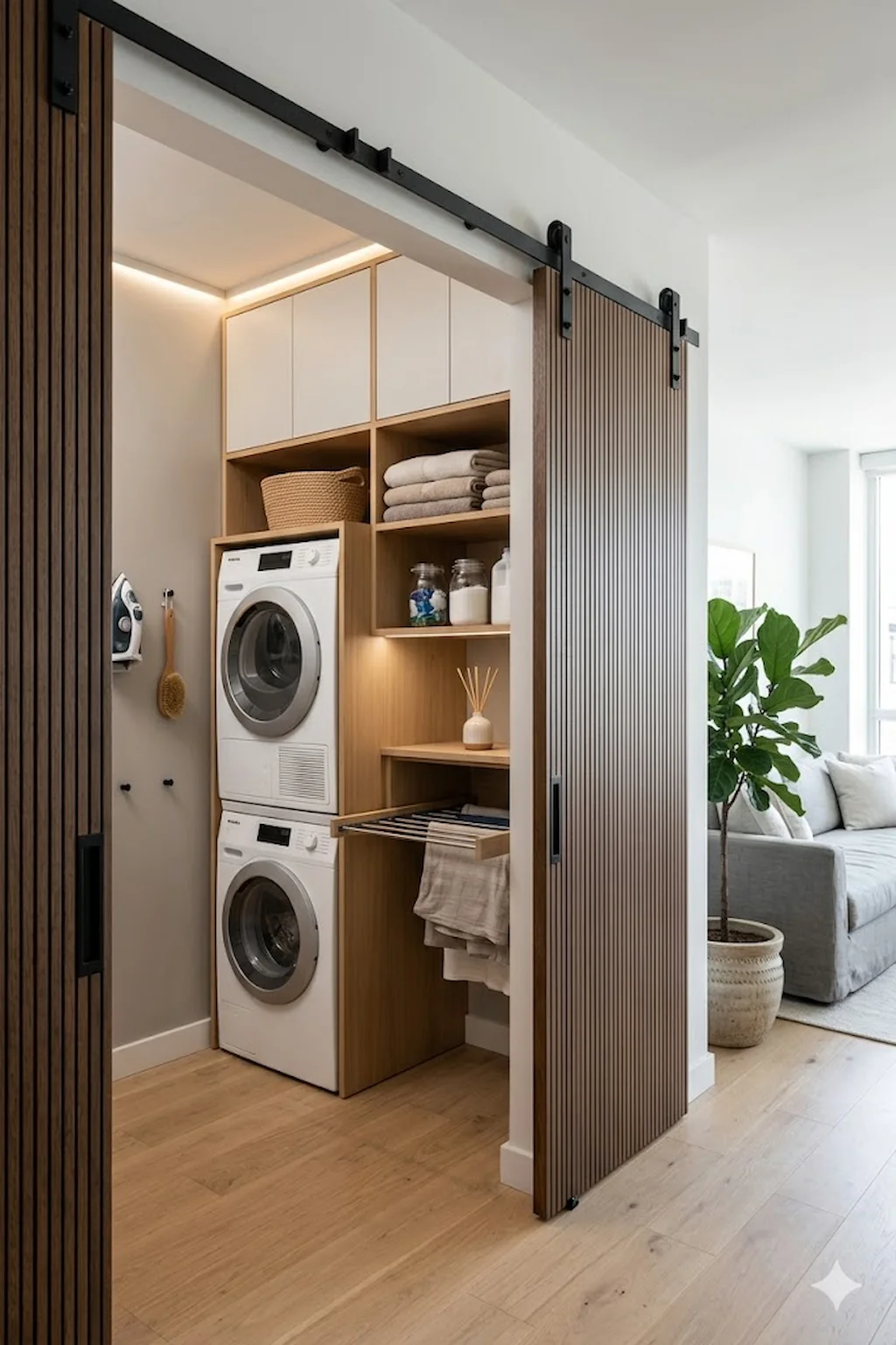 Washer and dryer concealed behind custom doors in a stylish laundry closet