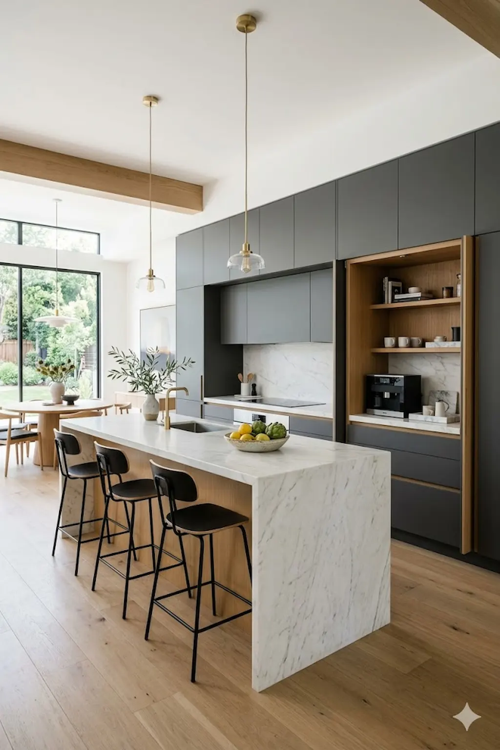 Modern kitchen with concealed pantry and appliance storage