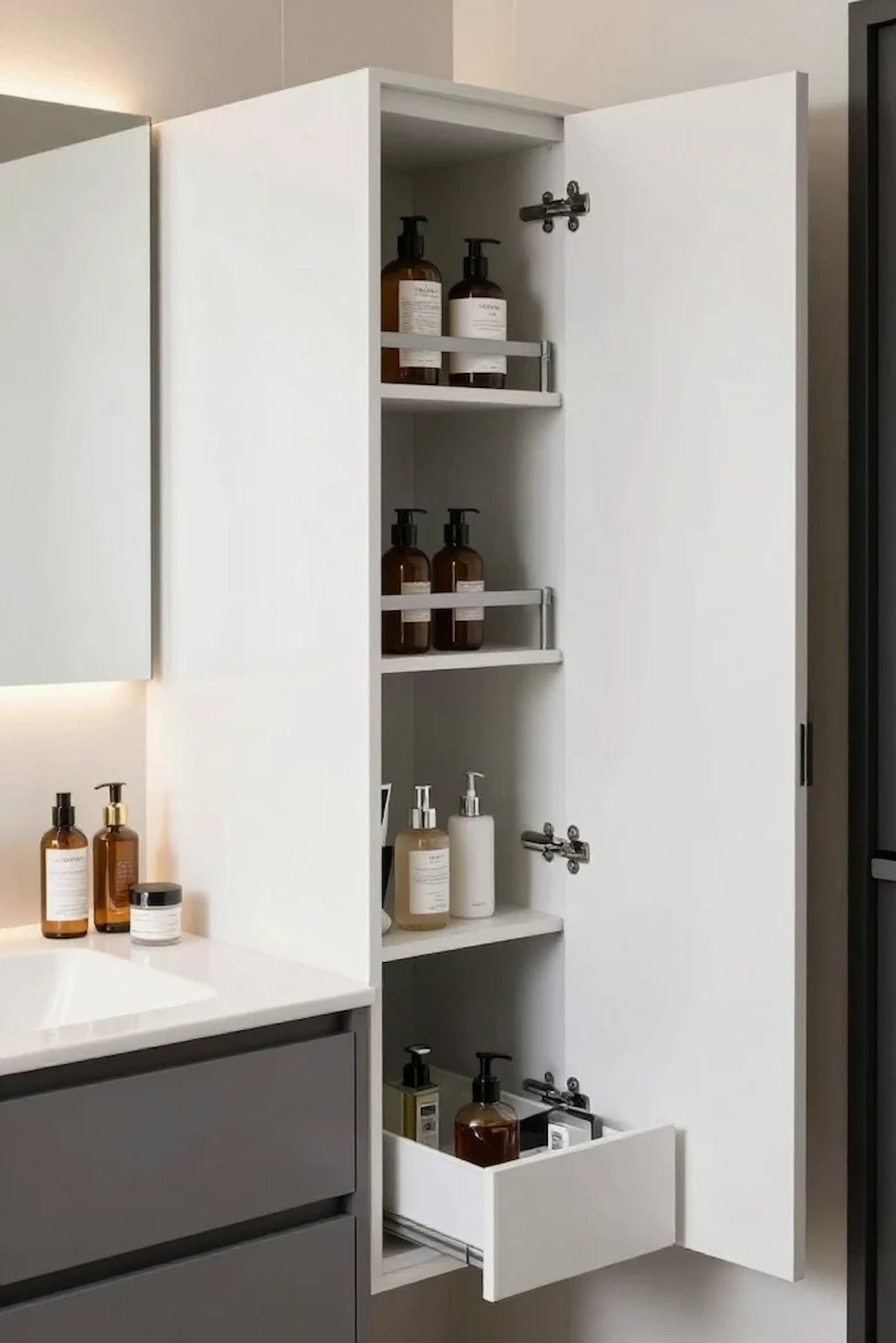 Modern bathroom featuring concealed storage compartments and clutter-free organization