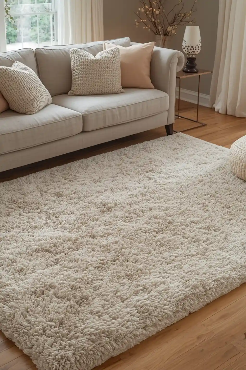 Cozy living room with a large textured area rug and comfortable seating