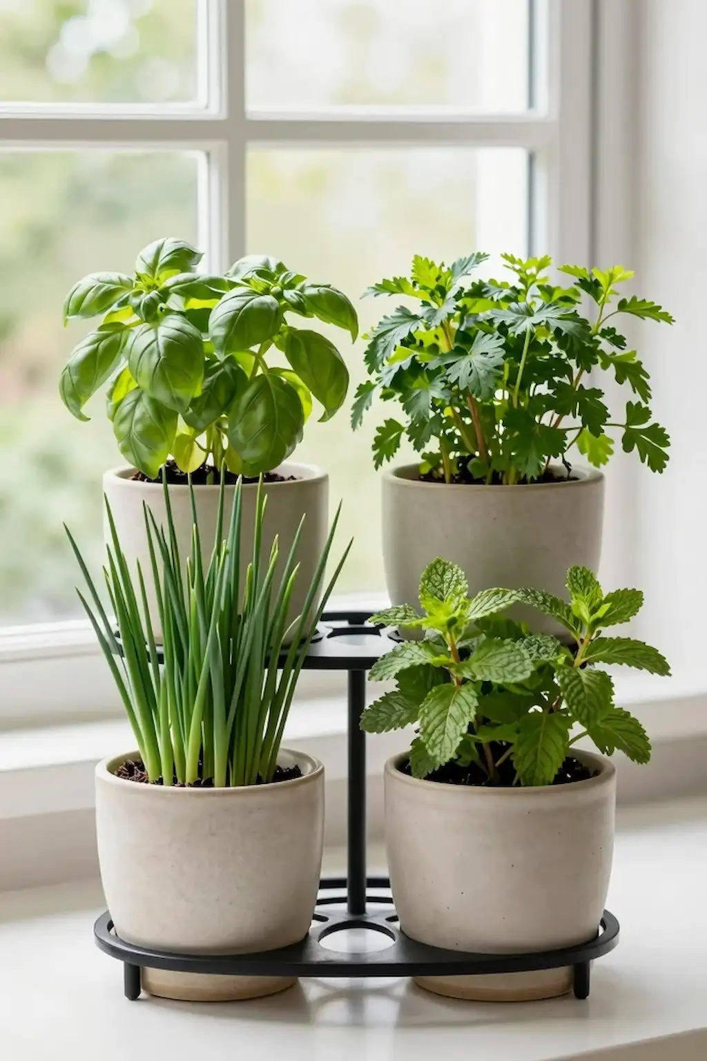 Organized indoor herb station featuring potted chives and fresh herbs