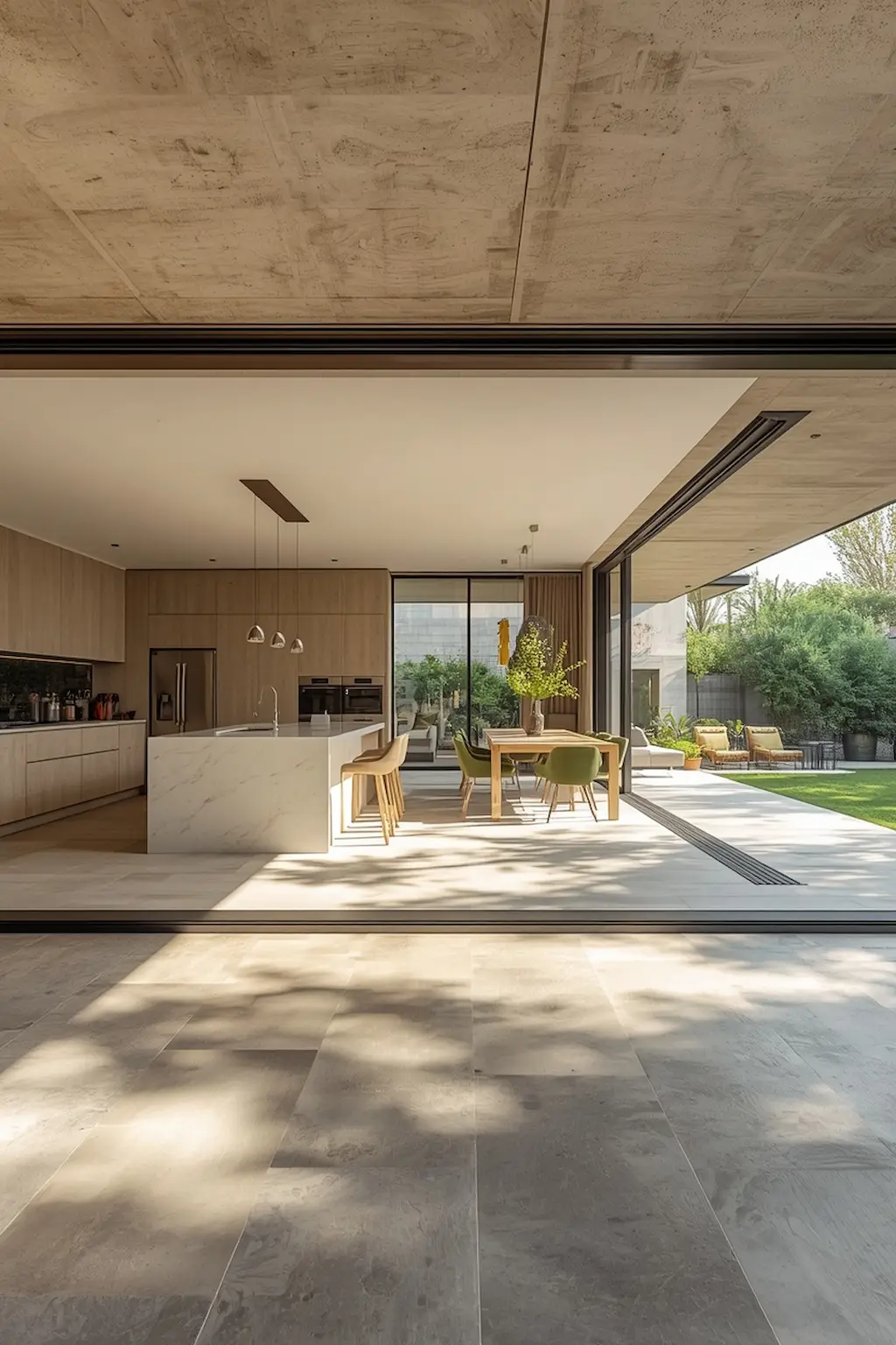 Open kitchen connected to an outdoor patio through large glass doors
