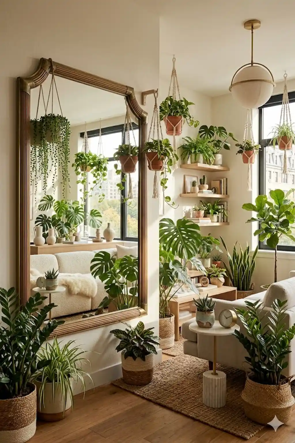 Cozy studio apartment filled with indoor plants and natural decor elements