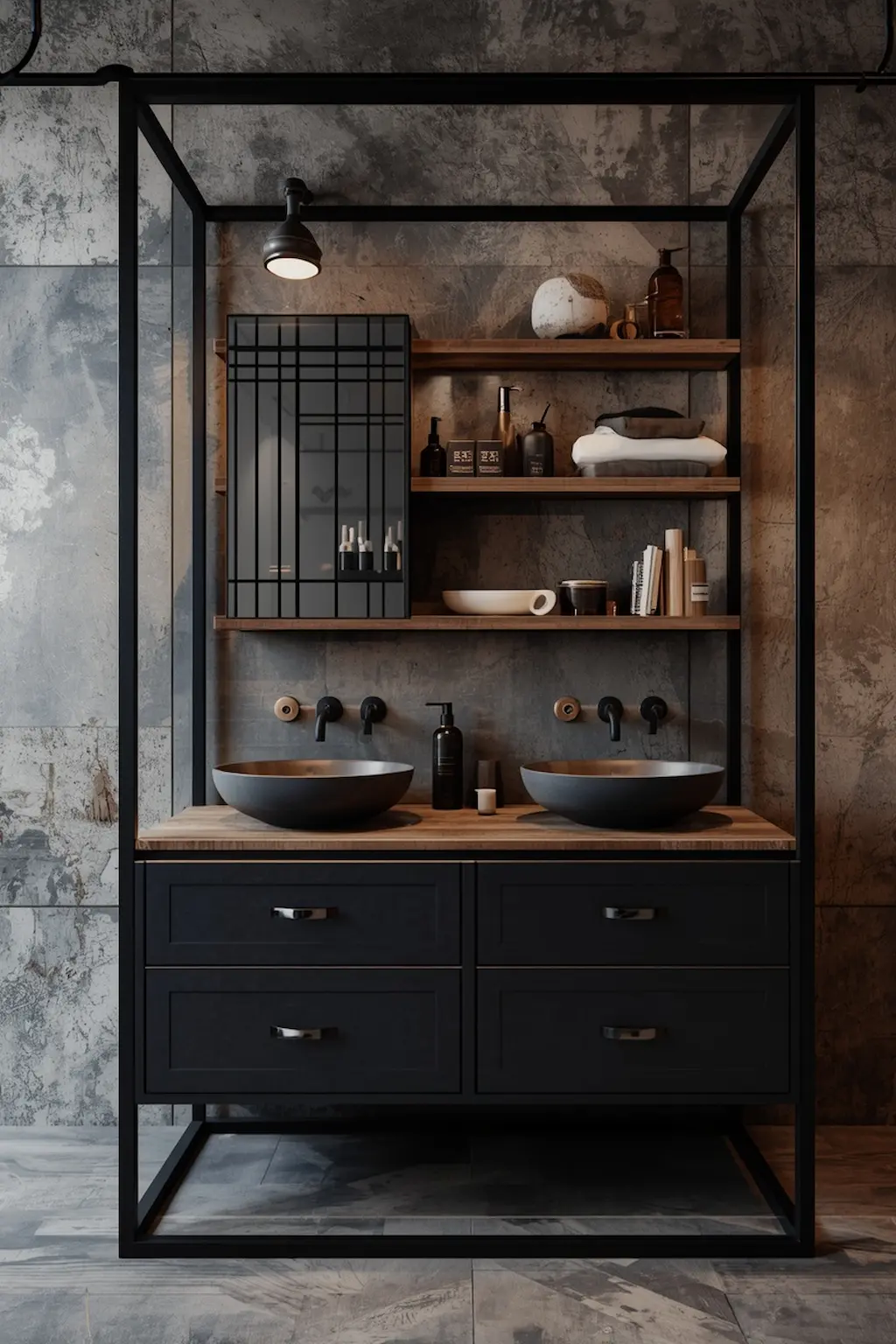 Industrial bathroom featuring metal-framed cabinetry with rustic wood shelves